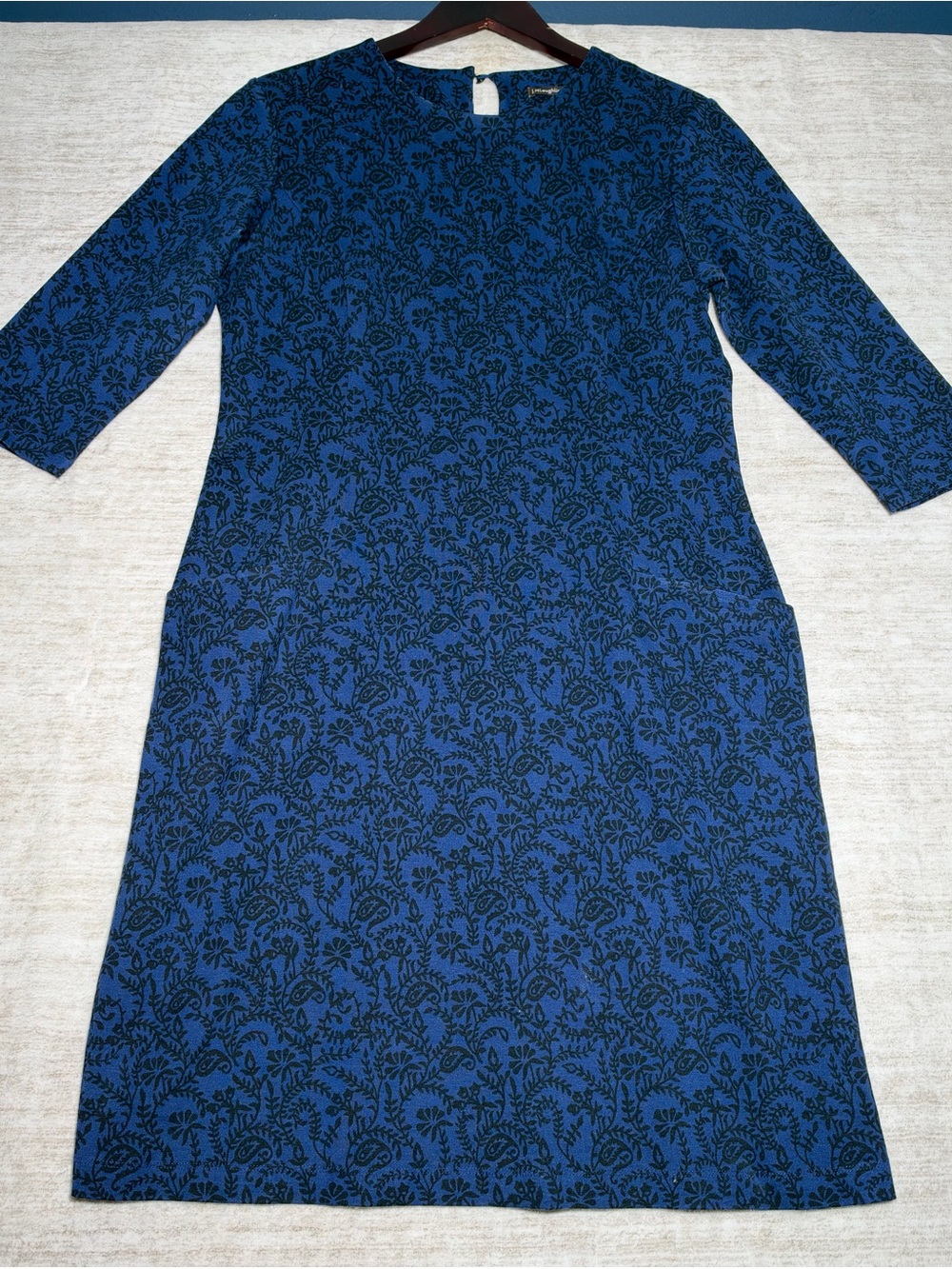 J. McLaughlin Blue and Black Printed Midi Shift Dress